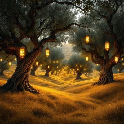 The primary subject of the image is a forest with many trees, some of which have lights on them. The setting is a lush green field with trees and a hill in the background. The visual style is a combination of a photo and digital art, creating a surreal and enchanting atmosphere. The colors are predominantly green, with the lights adding a touch of warmth and brightness to the scene.